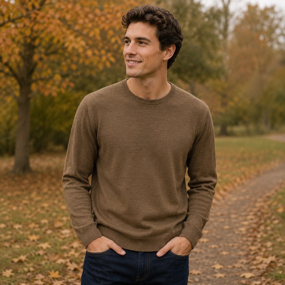 JCrew Men XL Brown Merino Wool Blend Crewneck Sweater Fine Knit Preppy Old Money